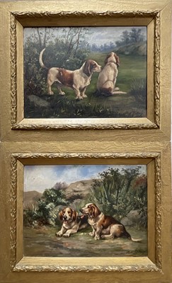 Lot Albert Willms, late 19th / early 20th century, pair of oils on panel - Basset Hounds, signed, 25.5cm x 34cm, in gilt frames