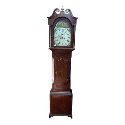 Lot 675 - Early 19th century oak and mahogany banded longcase clock, with swan neck pillared hood, painted square arch dial, marked John Cook Hexham, 8 day movement striking a bell