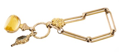 Lot 406 - Victorian gilt metal large fetter link watch chain suspending a Victorian revolving fob and a watch winding key