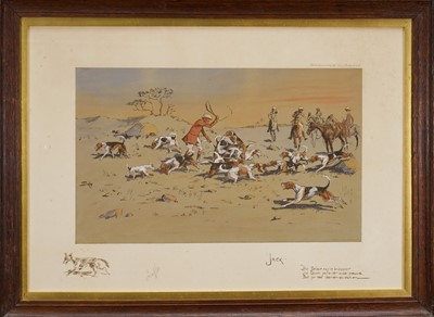Lot *Snaffles, Charles Johnson Payne (1884-1967) signed hand-coloured print - 'Jack', 'The Belvoir may be 'andsomer. The Quorn patienter under pressure. But for real tear-em-an-eat-em -', published b...