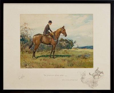 Lot *Snaffles, Charles Johnson Payne (1884-1967) signed hand-coloured print - "The Varmint Little Lady - On A Wiry Little 'Oss", with snaffle blindstamp, 51cm x 64cm, in glazed frame