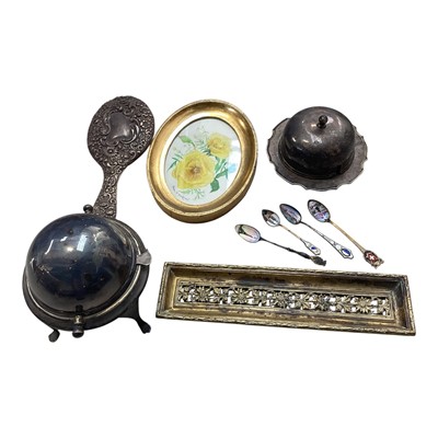 Lot 5018 - Antique silver mirror together with some enamel spoons, silver plated and brass items