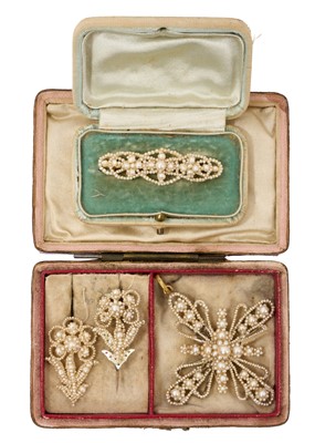 Lot 402 - Regency pearl cruciform pendant, pair of Regency pearl earrings and a similar brooch