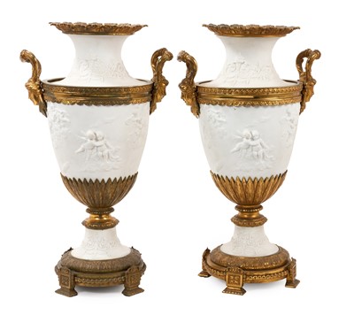 Lot 105 - Pair of gilt metal mounted large biscuit porcelain vases