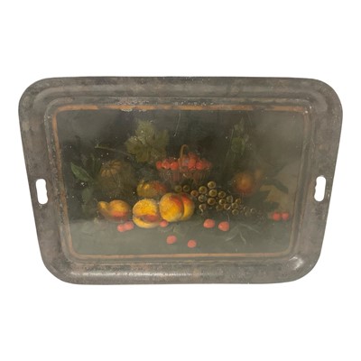 Lot 715 - Large toleware rectangular tray decorated with fruit and vines, 55cm x 77cm