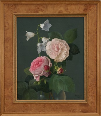 Lot *Gerald Norden (1912-2000) oil on board - Roses and Campanula, signed and dated '87, 28cm x 23cm, framed. Provenance: Newburgh Street Gallery, London