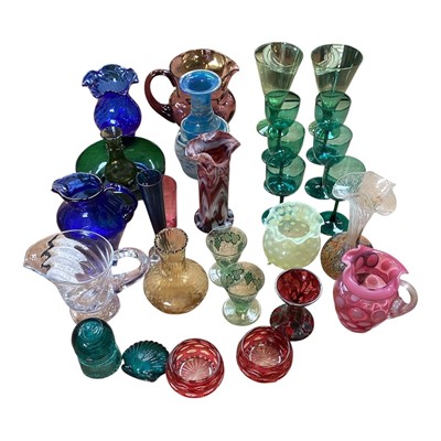 Lot 5071 - Collection of glassware to include a set of six Georgian green wine glasses, silver and glass small vase, antique coloured glass etc