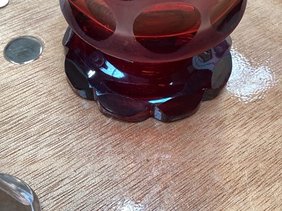 Lot 5076 - Victorian gilded cranberry scent bottle measuring 12cm tall together with a Bohemian red overlay hand engraved scent bottle measuring 16cm tall