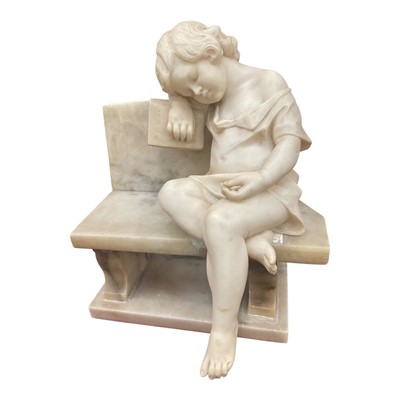 Lot 709 - 19th century carved alabaster sculpture of a sleeping child with a book