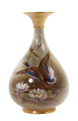 Lot 106 - Royal Worcester vase, shape 293, painted with mallards by James Stinton, dated 1908, stamped mark, 18.5cm high