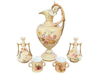 Lot 107 - Group of Royal Worcester blush ivory, including a large ewer painted with flowers, a pair of vases and a pair of tygs