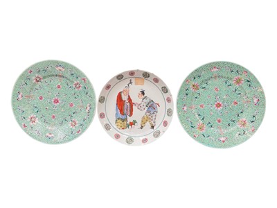 Lot 111 - Chinese Republic period porcelain plate polychrome painted with a figural scene, 23cm diameter, together with a pair of Chinese plates painted with foliage on a turquoise ground, six-character m...