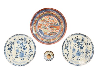 Lot 113 - 18th century Chinese blue and white clobbered porcelain plate, together with a pair of 18th century blue and white plates and a small jar (4)