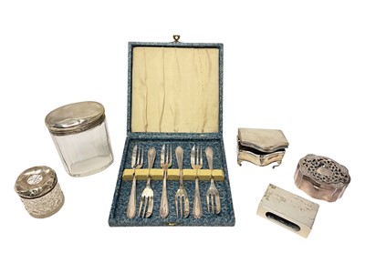 Lot 305 - Assorted silver including two ring boxes, match box, dressing table tidy etc.