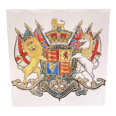 Lot 115 - Minton's China Works ceramic tile, printed and painted with the Royal Coat of Arms, signed A. Bayley, London, 20.5cm square