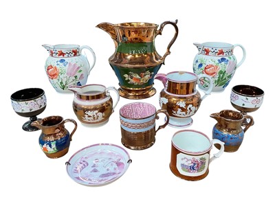 Lot 116 - Pair early 19th century pearlware jugs painted with flowers, together with a group of pink and copper lustre jugs, mugs, etc