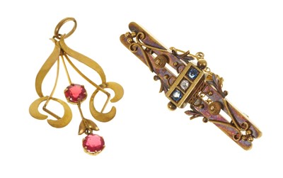 Lot 439 - Late Victorian 15ct gold sapphire and diamond brooch with applied filigree decoration, Chester 1900, together with an Edwardian 9ct gold red stone open work pendant