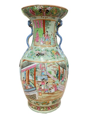 Lot 119 - Large 19th century Chinese Canton porcelain baluster vase, decorated with figures, flowers and butterflies on a celadon ground, moulded lizard handles, 44cm high