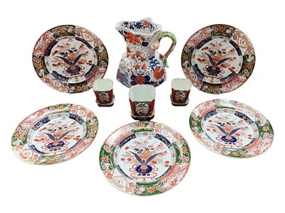 Lot 121 - Early 19th century Mason's Ironstone jug, together with three Mason's cachepots and stands, and five Mason's dinner plates