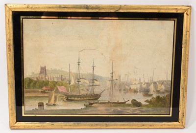 Lot 723 - 19th century coloured engraving after Nicholas Pocock (1740-1821) - Bristol harbour, in gilt verre eglomise frame, total size 33 x 46cm