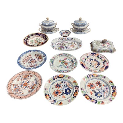 Lot 124 - Group of early 19th century ironstone plates, together with a pair of blue and white tureens and stands, and a spare tureen lid