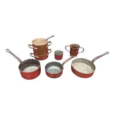 Lot 704 - Three antique copper pans other metalwares