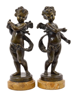Lot 703 - Pair of 19th century continental bronze cupid figures with marble bases