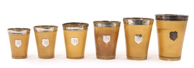 Lot 701 - 19th century set of six silver mounted horn beakers, hallmarked London 1874, maker Thomas Johnson I