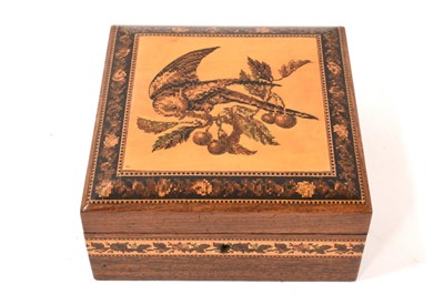 Lot 698 - Mid 19th century end grain Tunbridgeware box with parrot and cherries. Makers mark on silk lining to lid