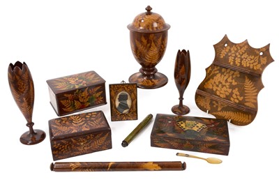 Lot 687 - Collection of ten pieces of 19th century Scottish Mauchline fernware including boxes and vases