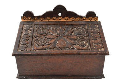 Lot 696 - Carved early 19th century candle box with leather hinge