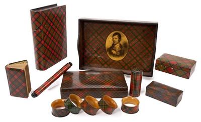 Lot 692 - Collection of eight pieces antique Scottish Mauchline tartanware plus five napkin rings