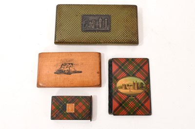 Lot 694 - An early Scottish Mauchline tartanware cigar box with castle plaque to lid