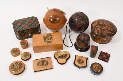 Lot 695 - Collection of Scottish Mauchlineware sewing items, pin cushions, thimble case etc and two wool holders and cotton reel boxes