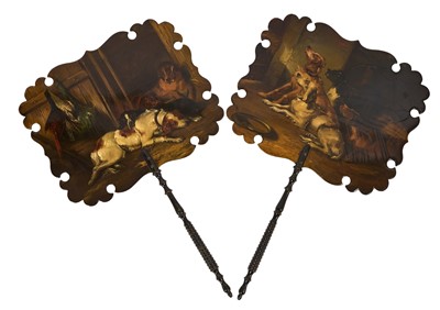Lot 705 - Pair of mid 19th century papier mâché face screens handpainted with dogs