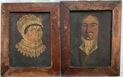 Lot Pair 19th century oils on metal panels, probably American School, naively painted portraits of a lady and a gentleman, 30cm x 22cm, in wooden frames