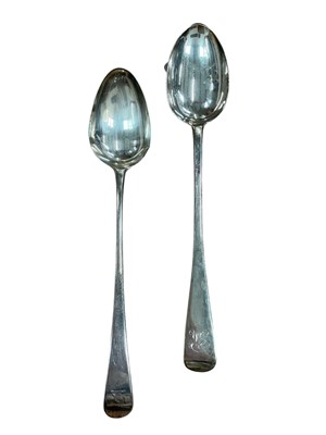 Lot 326 - George III silver Old English pattern basting spoon, together with a Victorian silver basting spoon, all at 6.45ozs, (2).