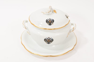 Lot 134 - Russian porcelain tureen and cover, with Imperial double-headed eagle, possibly part of the Gatchina Palace service, stamped mark to base, gilt rims, 18.5cm diameter