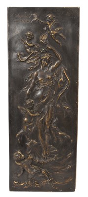 Lot 708 - French School bronze relief plaque depicting Aphrodite standing on a seashell and attended by winged cherubs. A heavy bronze plaque, indistinctly signed, dated 1892 and inscribed Paris. 44 x 16cm.