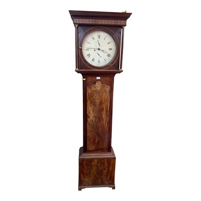 Lot 672 - 19th century 8 day longcase clock with circular painted dial with subsidiary date and seconds dials in mahogany case 203cm high. Pendulum and two weights present