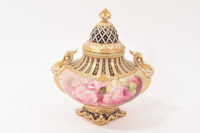 Lot 145 - Royal Doulton twin-handled vase and cover, circa 1895, polychrome painted with flowers by Percy Curnock, signed, stamped mark to base