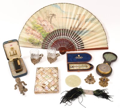 Lot 741 - Assorted works of art, including Victorian mother of pearl thermometer, pocket barograph, card case, various other items