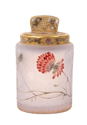 Lot 146 - Daum Nancy cameo glass scent bottle and stopper, the iridescent glass acid etched, enamelled and gilt with flowers, signed to base