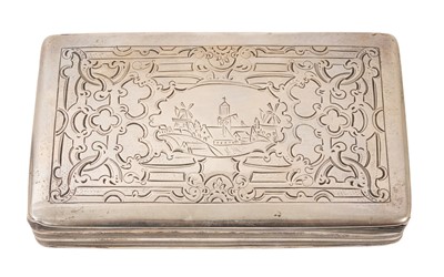 Lot 325 - Dutch silver tobacco box engraved with a town scene on a patterned ground