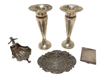 Lot 311 - Group of miscellaneous silver and white metal, including a pair of small trumpet vases with weighted bases, a book match case and two unmarked trinket dishes (various dates and makers). Approxim...
