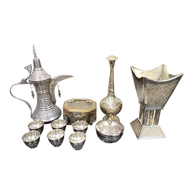 Lot 5095 - Group of Middle Eastern metalwares including a rose water sprinkler marked 'German silver', dallah etc