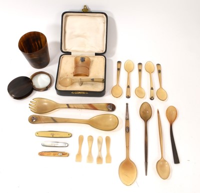 Lot 706 - Group of antique Scottish horn items, including beaker, spoons, etc, and three pen knives