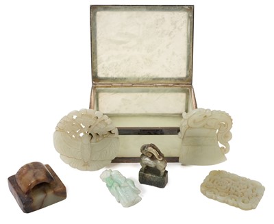 Lot 736 - Collection of Chinese jade or green hardstone carvings, the largest a pierced moth disc, 6cm diameter, six in total, together with a white metal and jade panel box