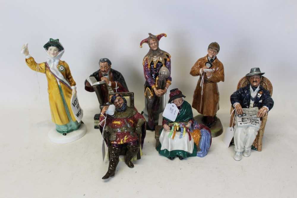Lot 2011 - Seven Royal Doulton figures- The Jester HN2016, Taking Things Easy HN2677, The Professor HN2281, The Foaming Quart HN2162, The Detective HN2359, Votes For Women HN2816 and Silks and Ribbons HN2016 (7)
