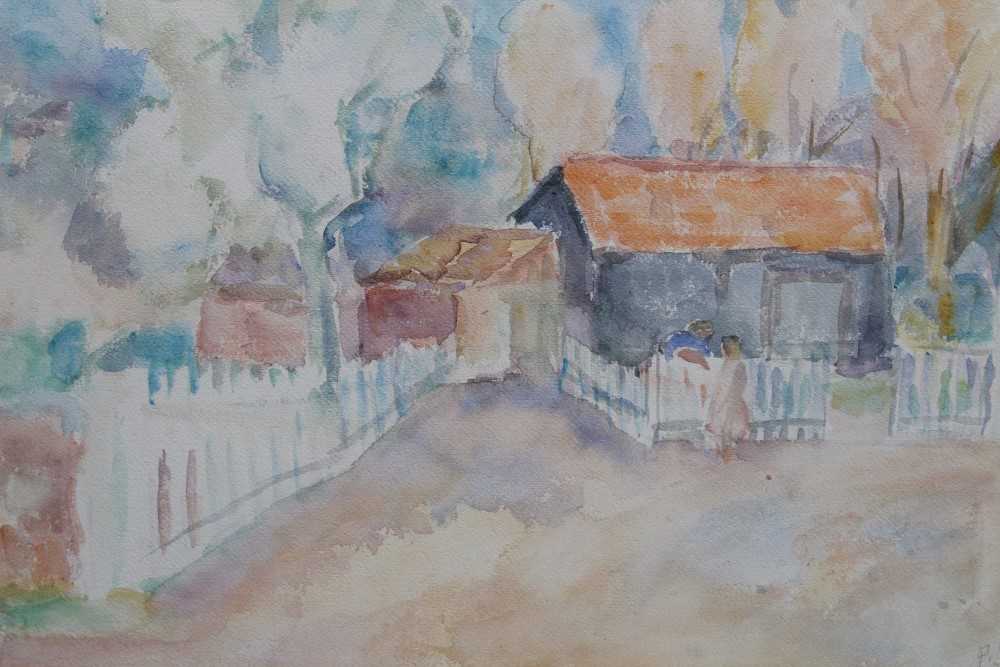 Lot 1071 - Peggy Somerville (1918-1975) watercolour - Village Gossip, initialled, 35.5cm x 56cm, in glazed frame 
 Provenance: David Messum Fine Art. Studio Collection 47, Autumn 2001